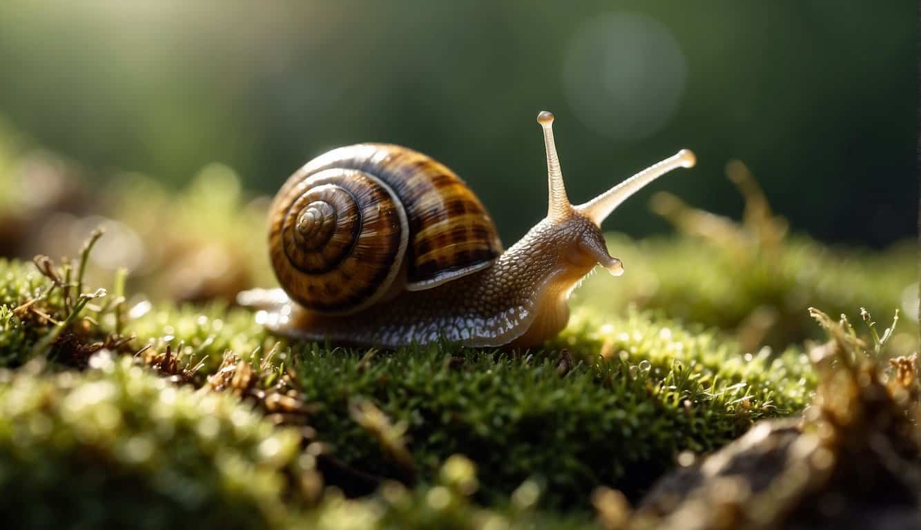 A snail glides gracefully across a bed of moss, its shell glistening in the sunlight. It moves with purpose and determination, symbolizing patience and perseverance