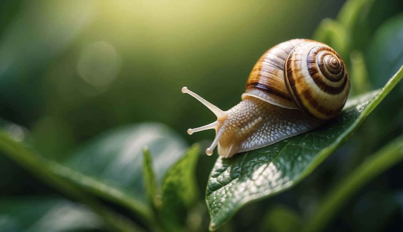 A snail slowly climbs a vibrant green leaf, symbolizing personal growth and spiritual progress