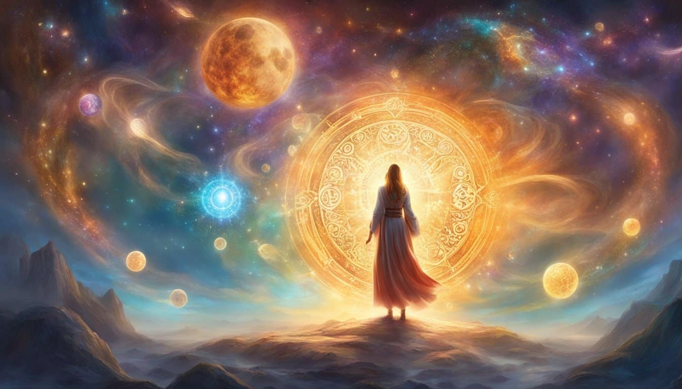 A figure gazes up at a glowing number 31, surrounded by celestial symbols and light. The scene exudes peace and spiritual connection