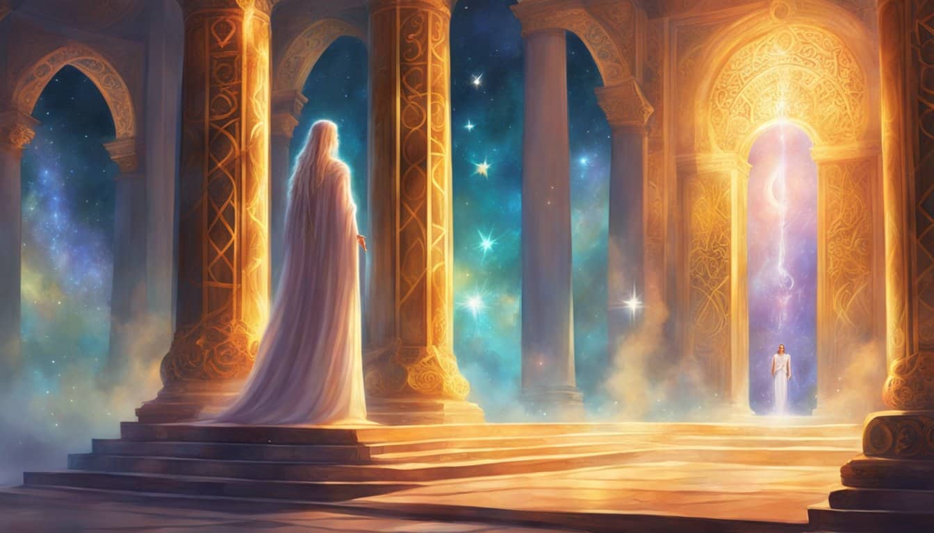 A glowing figure stands between two pillars, each marked with the number 3 and 1, surrounded by celestial symbols