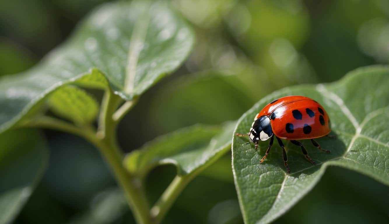 A red ladybug lands on a green leaf, symbolizing good luck and protection in the spiritual realm