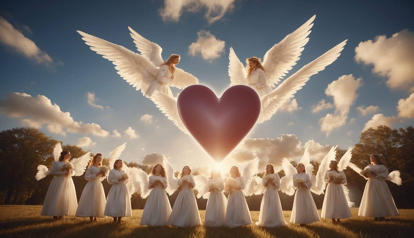 A group of guardian angels surround a heart-shaped cloud, each holding a message of love. The numbers 1, 3, and 7 float above them, representing angelic guidance