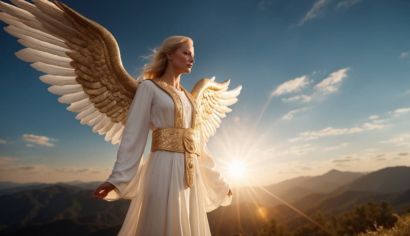 A glowing angelic figure hovers above a serene landscape, surrounded by symbols of divine guidance and protection
