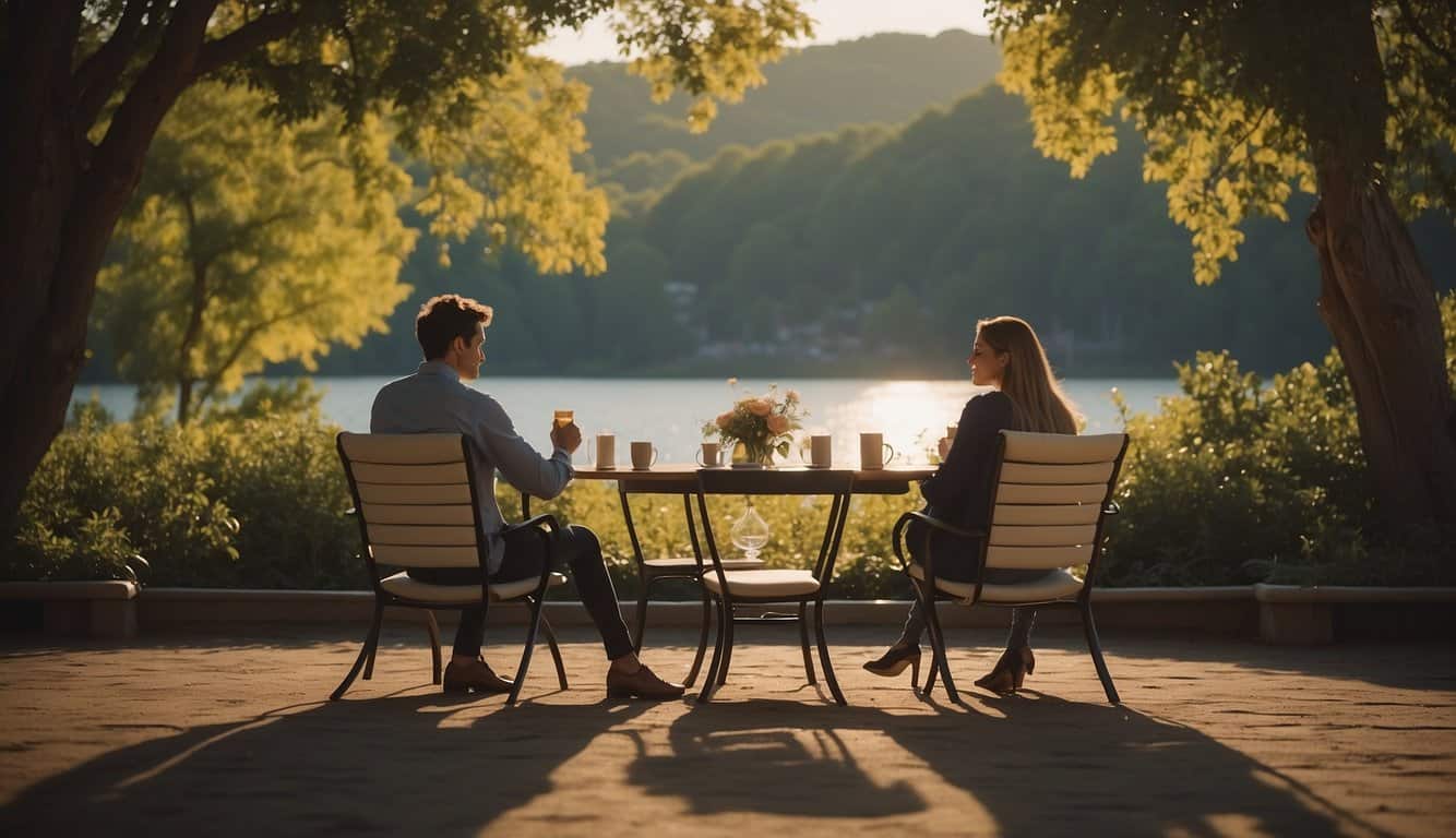 A couple sits across from each other at a table, surrounded by a serene and loving atmosphere. The number 000 is subtly integrated into the scene, symbolizing unity and wholeness in their relationship