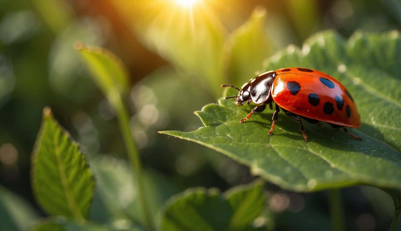 A red ladybug crawls on a green leaf, surrounded by other ladybugs in various shades of red and orange. The sun shines brightly, casting a warm glow on the scene