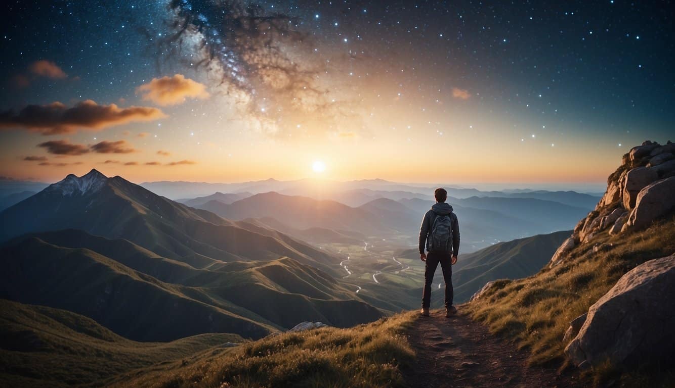A figure stands on a mountain peak, gazing at a path leading to a bright horizon. The sky is filled with stars, and the number 1221 glows above the figure