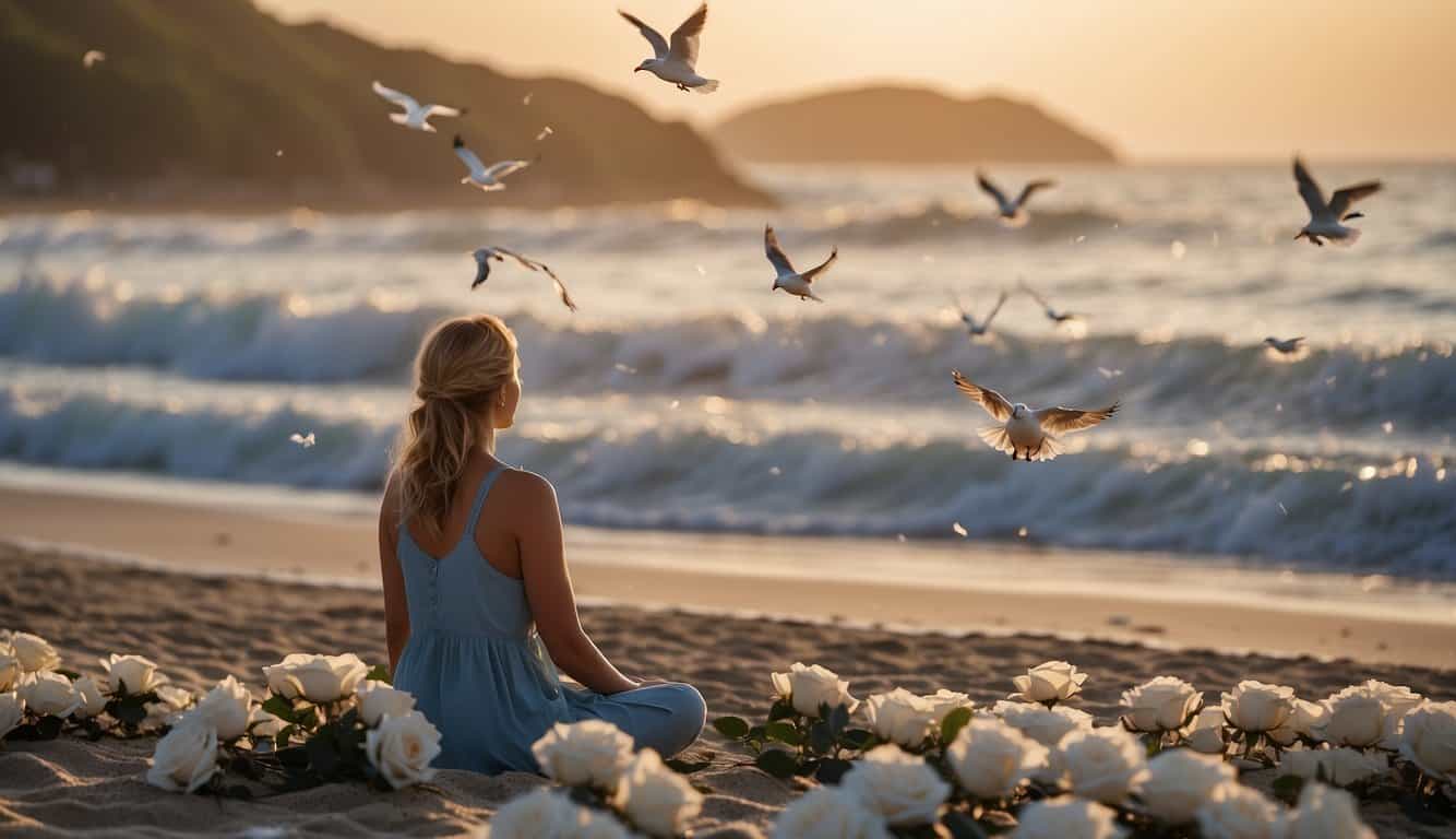 A serene beach at sunset, with seagulls flying overhead and waves gently crashing on the shore. A figure stands in meditation, surrounded by seven white roses and seven blue butterflies