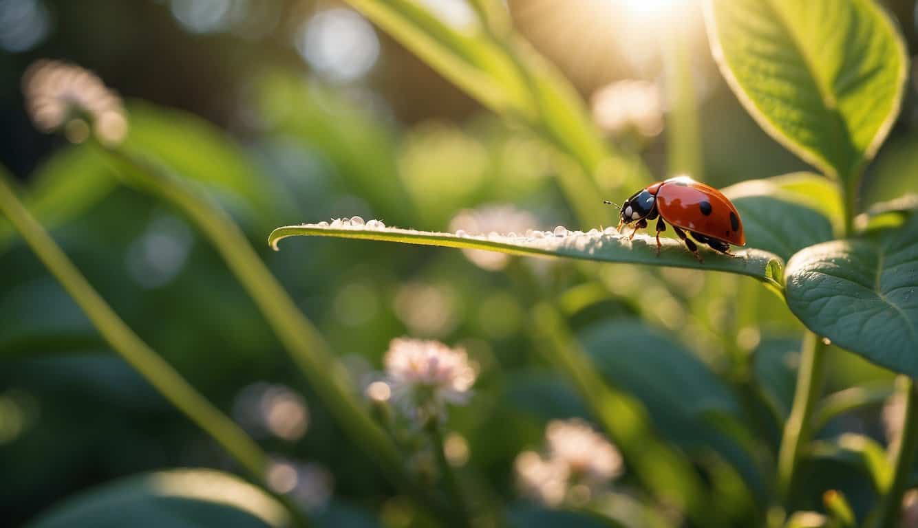 A serene garden with a red ladybug resting on a vibrant green leaf, surrounded by blooming flowers and softly glowing sunlight
