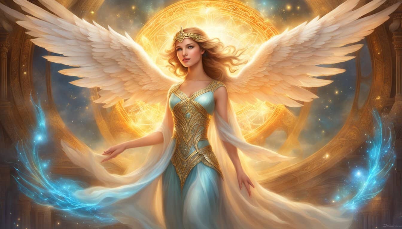 A radiant angel with flowing wings stands before a glowing portal, surrounded by symbols of abundance and fulfillment. The number 32 shimmers in the air, radiating a sense of hope and possibility