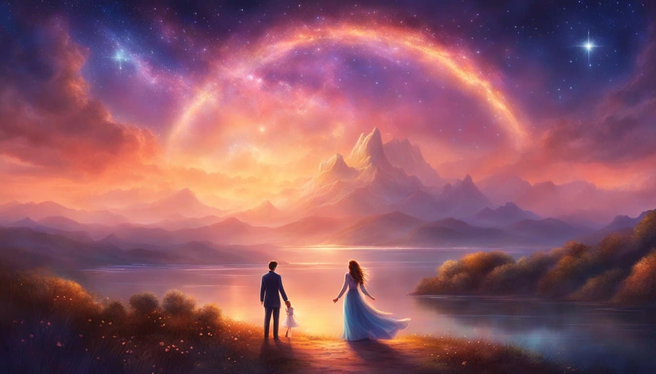 A couple stands under a starry sky, surrounded by the number 32 in glowing light, symbolizing love and harmony in their relationship