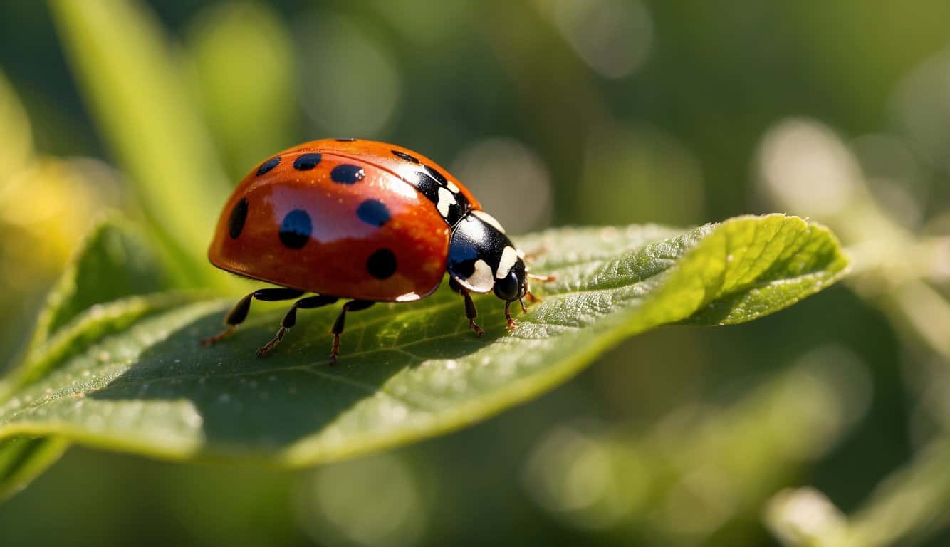 A vibrant red ladybug perched on a lush green leaf, surrounded by blooming flowers and golden sunlight