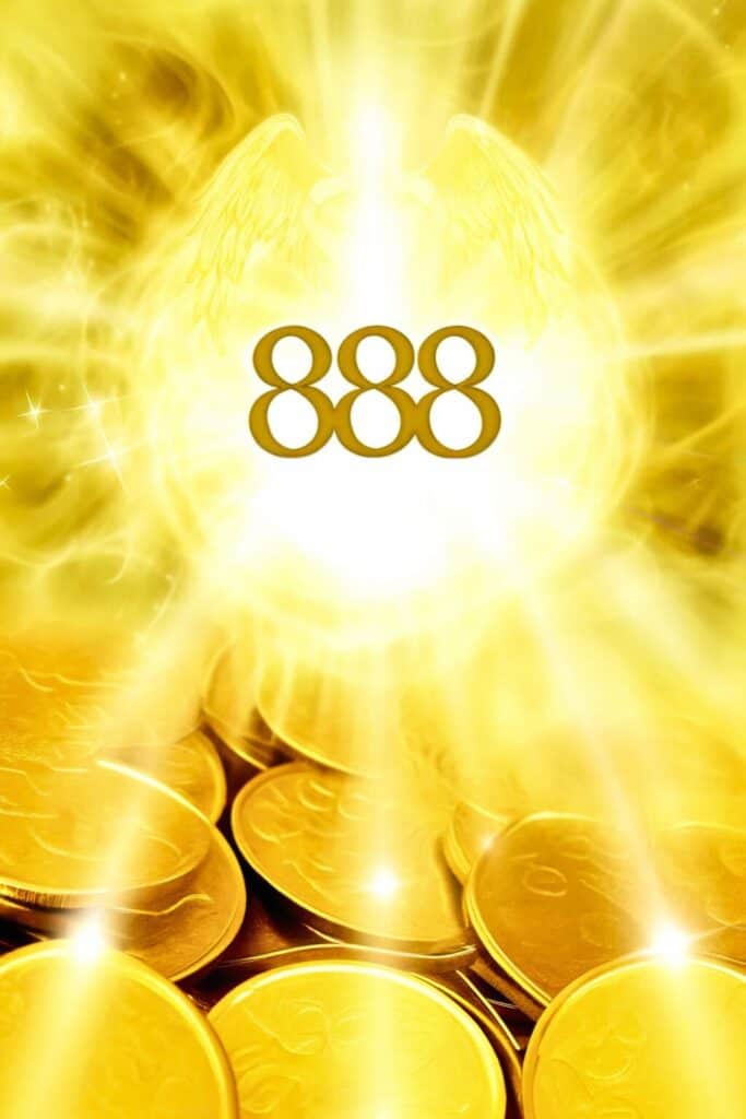 the angel number '888' clearly displayed in the center, with gold coins and a golden glow