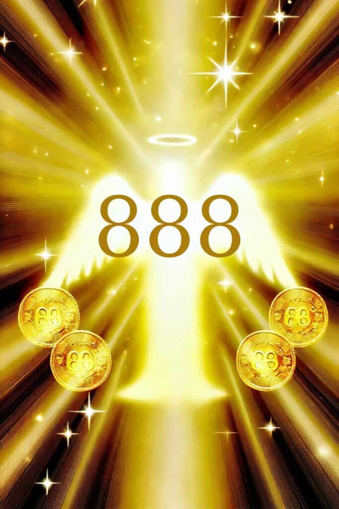 the angel number '888' clearly displayed in the center, with gold coins and a golden glow