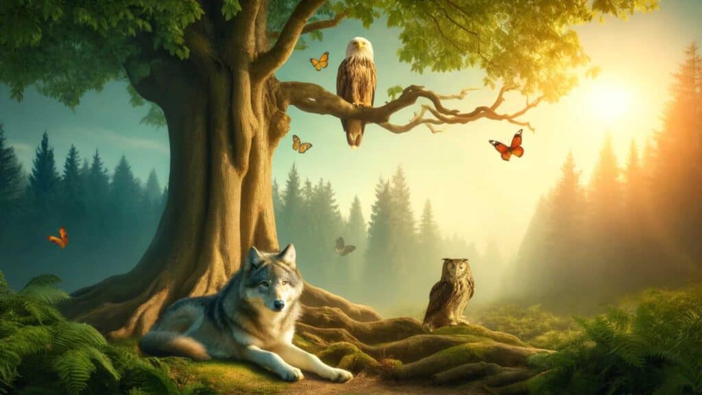 a wolf, an eagle, an owl, and a butterfly together under a tree. The scene is set in a serene natural environment, emphasizing their harmonious coexistence.