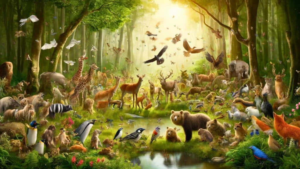 image depicting a diverse assembly of different types of animals, birds, and insects together in the wild. The scene captures a vibrant ecosystem within a lush, verdant forest, showcasing the beauty and diversity of wildlife coexisting peacefully.