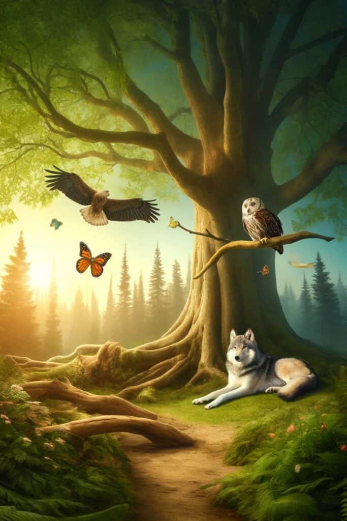 a wolf, an eagle, an owl, and a butterfly together under a tree. The scene captures a serene natural setting, emphasizing their harmonious coexistence in a peaceful forest.