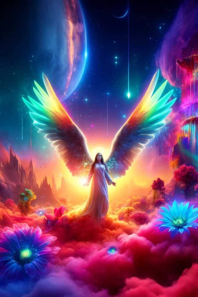 a guardian angel in a colorful and surreal environment. The setting includes fantastical elements that contribute to a vivid, dreamlike atmosphere.
