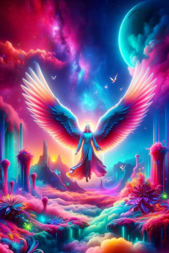 a guardian angel in a colorful and surreal environment with less pink and red, focusing more on blues and greens. The scene is designed to evoke a sense of wonder and enchantment with a cooler color palette.