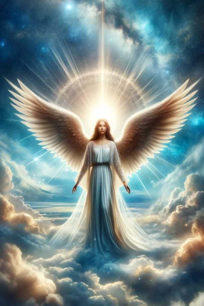 image depicting a guardian angel in the heavens, set in a 9:16 format. The scene captures the angel in a celestial environment, surrounded by soft clouds and rays of light, evoking a serene and divine presence.