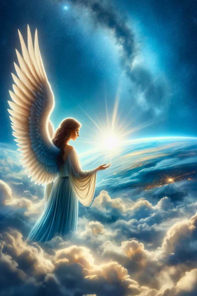 image of a guardian angel looking down at Earth, depicted in a 9:16 format. The scene captures the angel in a celestial environment, emphasizing a divine and serene ambiance as the angel gazes thoughtfully towards the planet below.