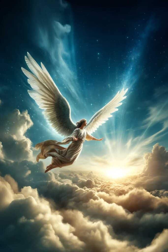 image of a guardian angel flying through the clouds, captured in a 9:16 format. The scene highlights the angel's dynamic motion and grace as it soars through a heavenly landscape of fluffy clouds and scattered rays of light, creating a sense of freedom and tranquility.