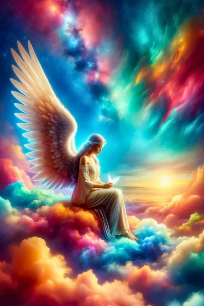 image of a guardian angel sitting on a colorful cloud, depicted in a 9:16 format. The scene showcases the angel's serene and peaceful demeanor against a vibrant and ethereal background, highlighting the celestial beauty and charm of the moment.