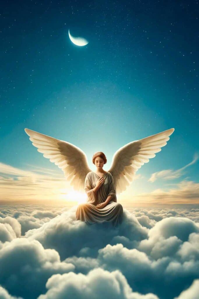 guardian angel sitting on a cloud, positioned vertically. The angel's wings extend upwards, enhancing the serene and celestial atmosphere of the scen