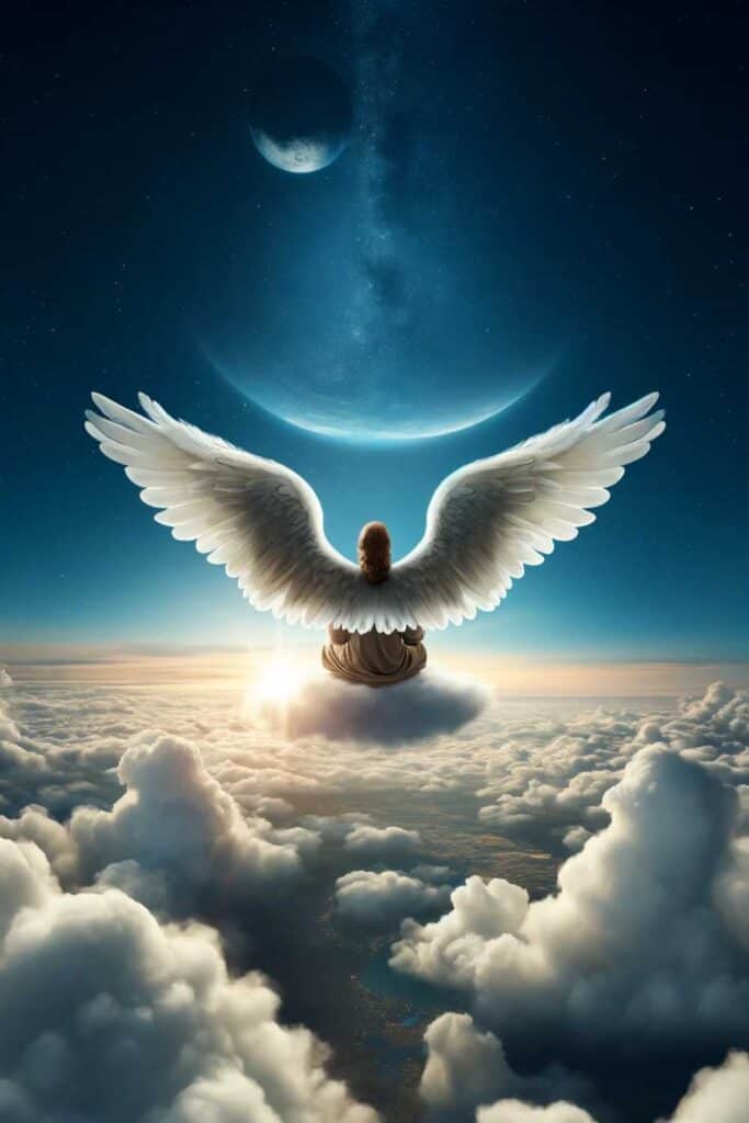 a guardian angel sitting on a cloud, looking down on Earth. The angel is positioned vertically with a serene and reflective demeanor, overlooking the planet from a celestial vantage point.