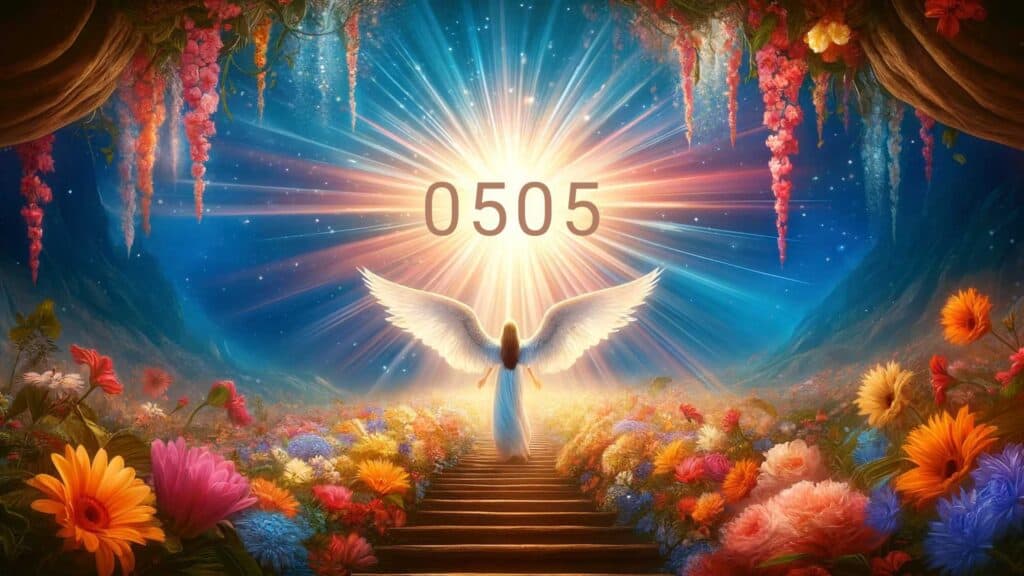 the spiritual meaning of angel number 0505. The number "0505" is clearly and prominently displayed, with the scene representing a message of growth and encouragement through vibrant, uplifting elements such as blooming flowers and radiant light.