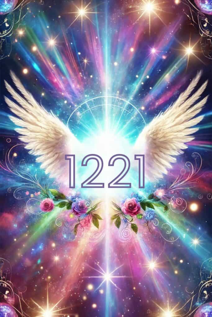  number 1221 clearly and fully visible, displayed in a vibrant, colorful, and mystical setting. The design features all four digits prominently, enhancing the spiritual atmosphere for your blog post.