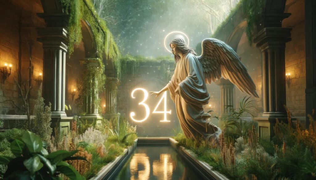 angel number 34 featured image with an angel statue and the number 34 over a pool in a courtyard