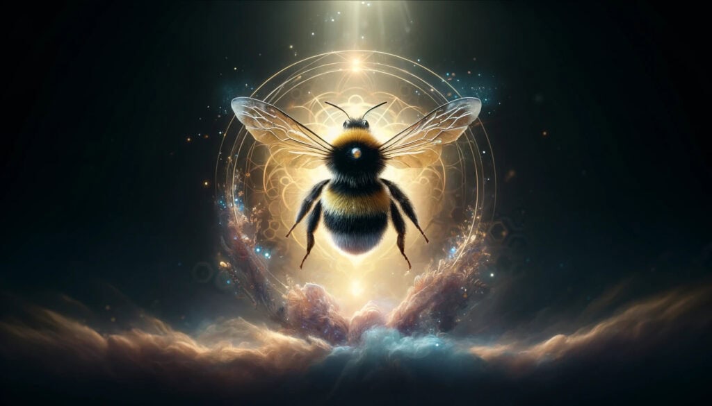 image depicting a bumblebee as a spirit animal. The image features a detailed, majestic bumblebee set against a mystical and ethereal background, emphasizing its spiritual significance and symbolic nature.