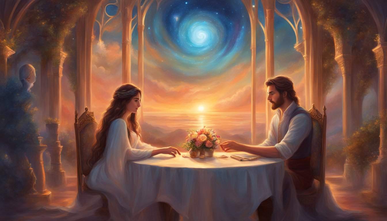 A couple sits at a table, surrounded by the numbers 1151. They hold hands, gazing into each other's eyes, surrounded by a warm, loving energy