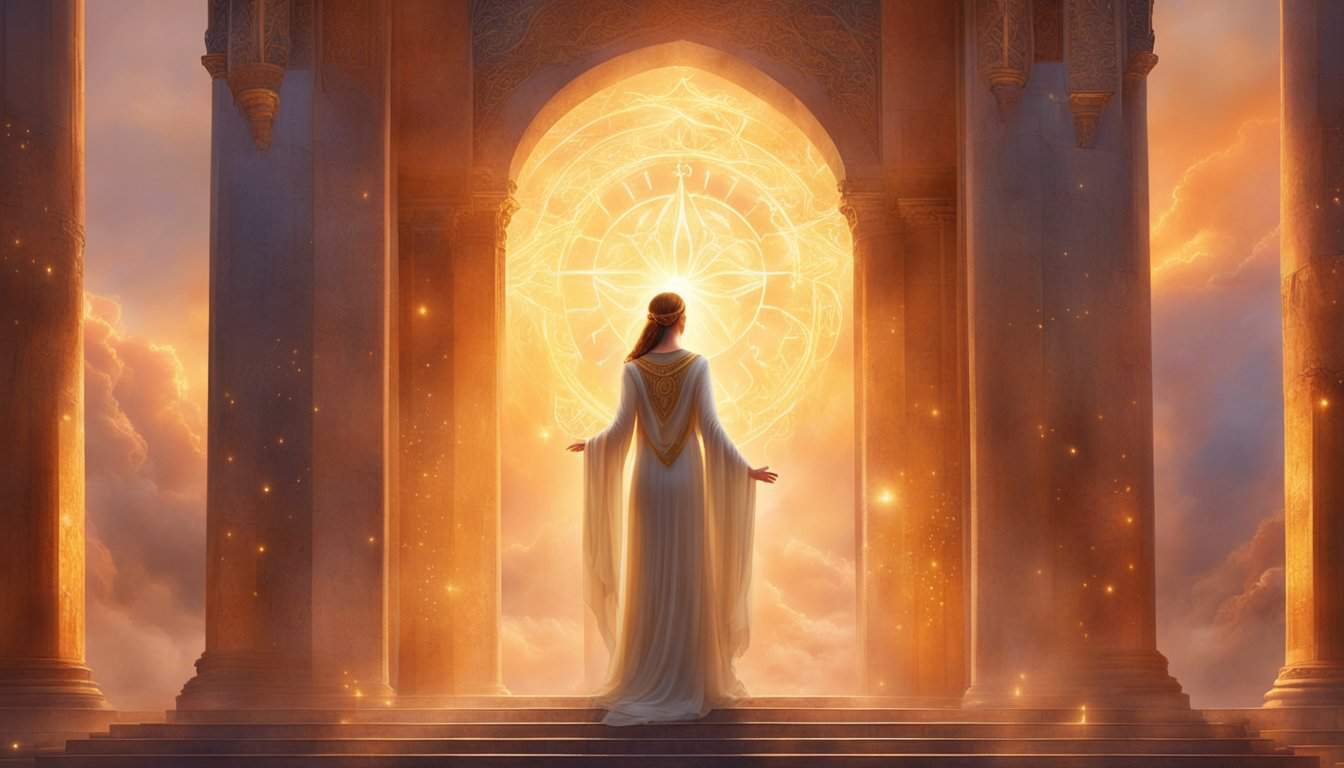 A glowing celestial figure stands before three pillars, each adorned with the numbers 1117. The figure radiates a sense of wisdom and guidance, surrounded by a warm and comforting light