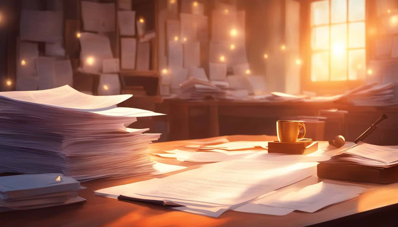 A bright light shines down on a desk covered in paperwork, with the number 1117 glowing in the background, symbolizing focus and success in work and career