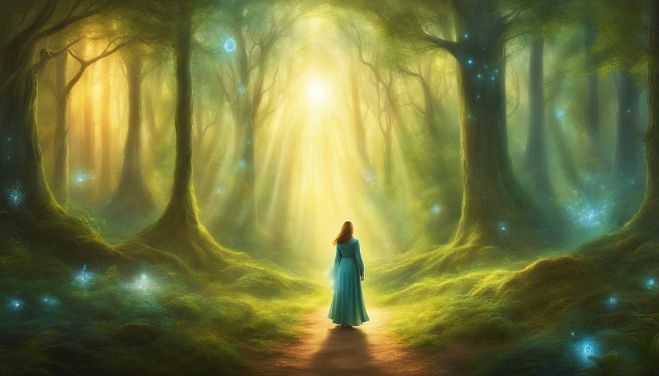 A serene forest clearing with beams of light shining through the trees, illuminating a path. A figure stands at the center, surrounded by symbols of intuition and inner wisdom