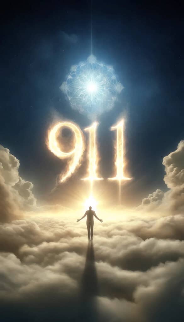 The number "911" is very clearly and prominently displayed, set against an ethereal and inspiring background that reflects the spiritual significance of the angel number.