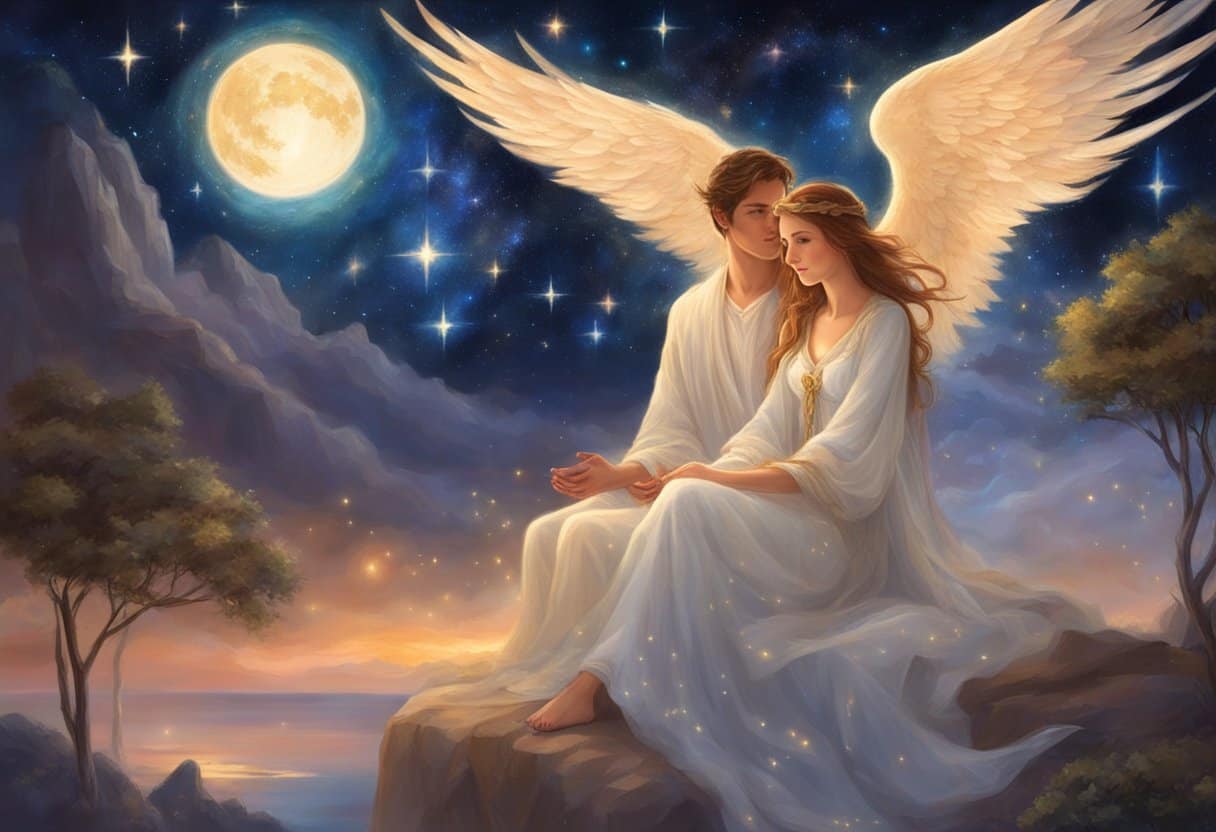 A couple gazes at the night sky, surrounded by seven stars and an angelic figure, symbolizing love and guidance