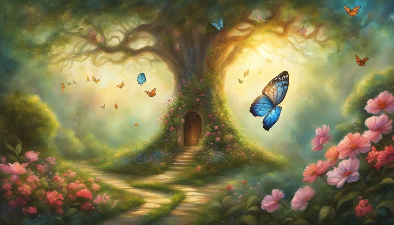 A garden with blooming flowers, a butterfly emerging from a cocoon, and a tree growing tall and strong