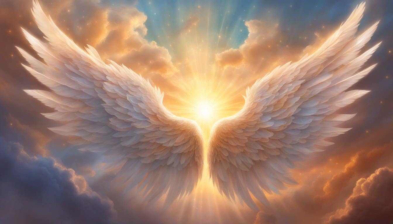 A pair of angel wings surround the numbers 1131, glowing with divine light against a celestial backdrop