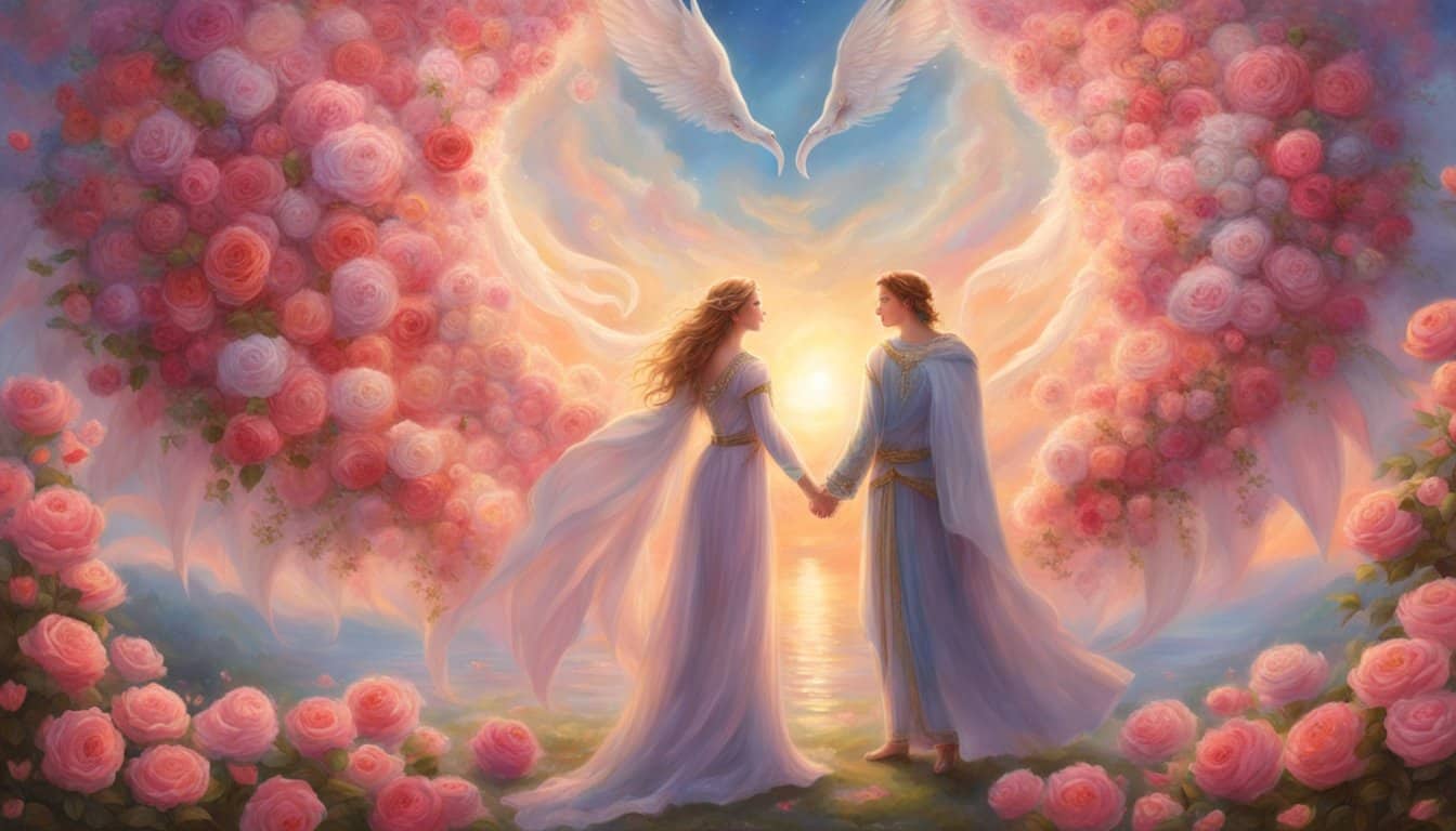 A couple holds hands, surrounded by 1131 roses, with angelic figures appearing in the sky, radiating love and harmony