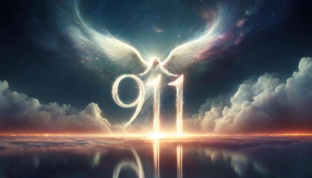 The image includes the number "911" prominently featured, set against an ethereal and inspiring background that reflects the spiritual nature of the angel number.