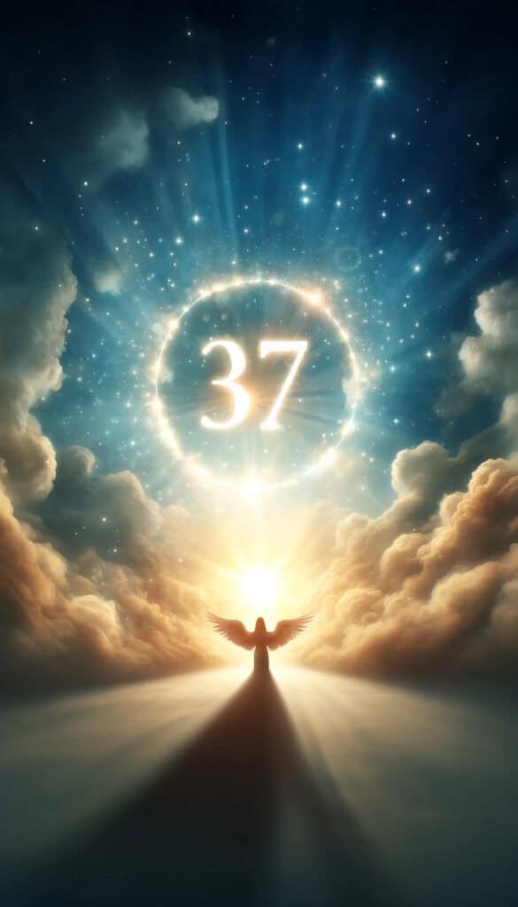 The number "37" is prominently featured within an ethereal and inspiring setting that reflects the spiritual nature of the angel number 37.