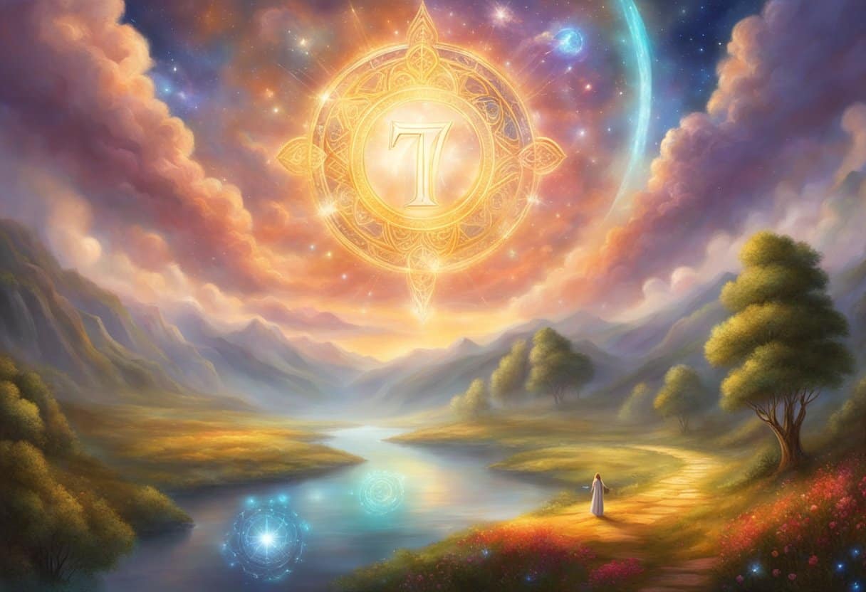 A glowing number 711 hovers above a serene landscape, surrounded by celestial symbols and a sense of divine presence