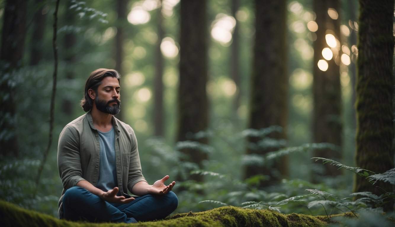 In a tranquil forest, a person meditates, dreams, and connects with nature to discover their spirit animal