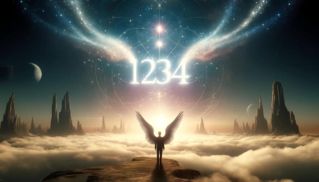 the Spiritual Meaning of Angel Number 1234 for Love, Career, and Life. The number "1234" is prominently featured within an ethereal and inspiring setting that reflects alignment and progression in various aspects of life.