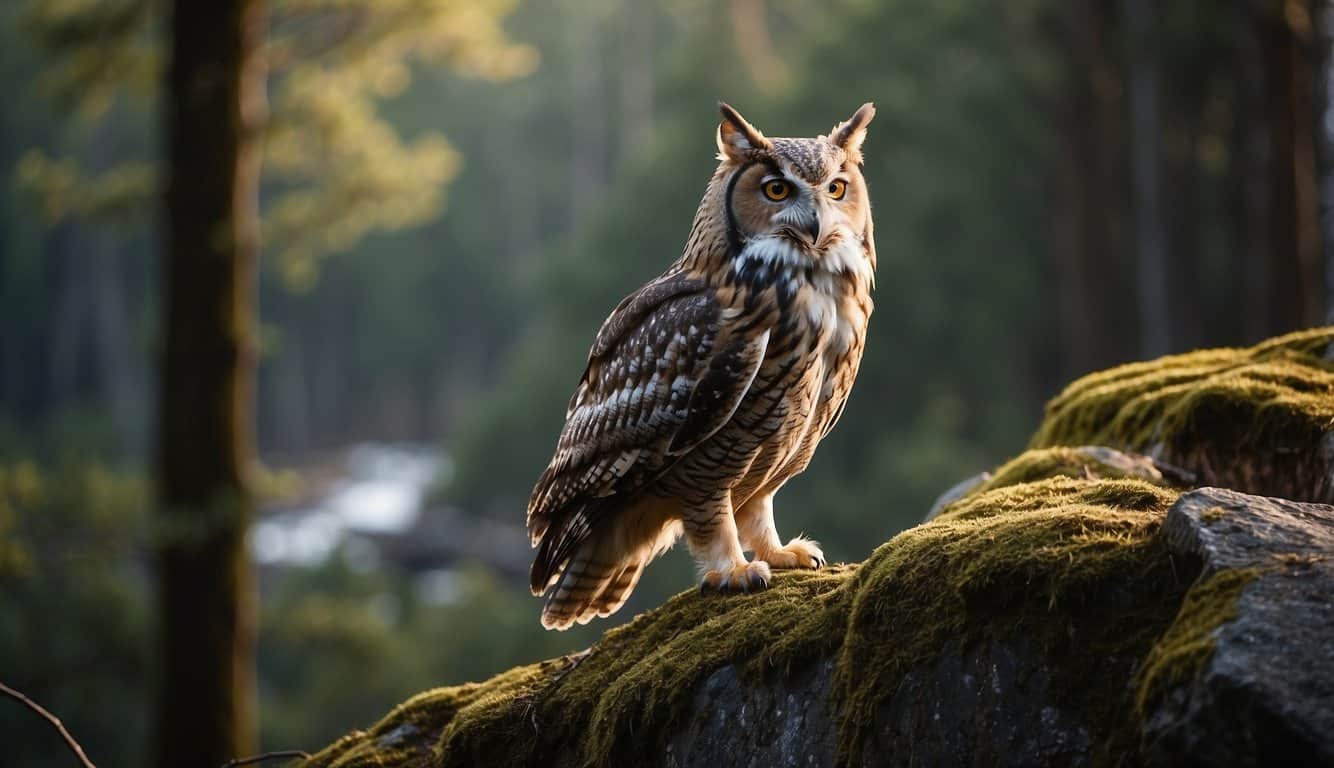 A serene forest with a winding river, a wise owl perched on a branch, and a majestic wolf standing proudly on a rocky cliff