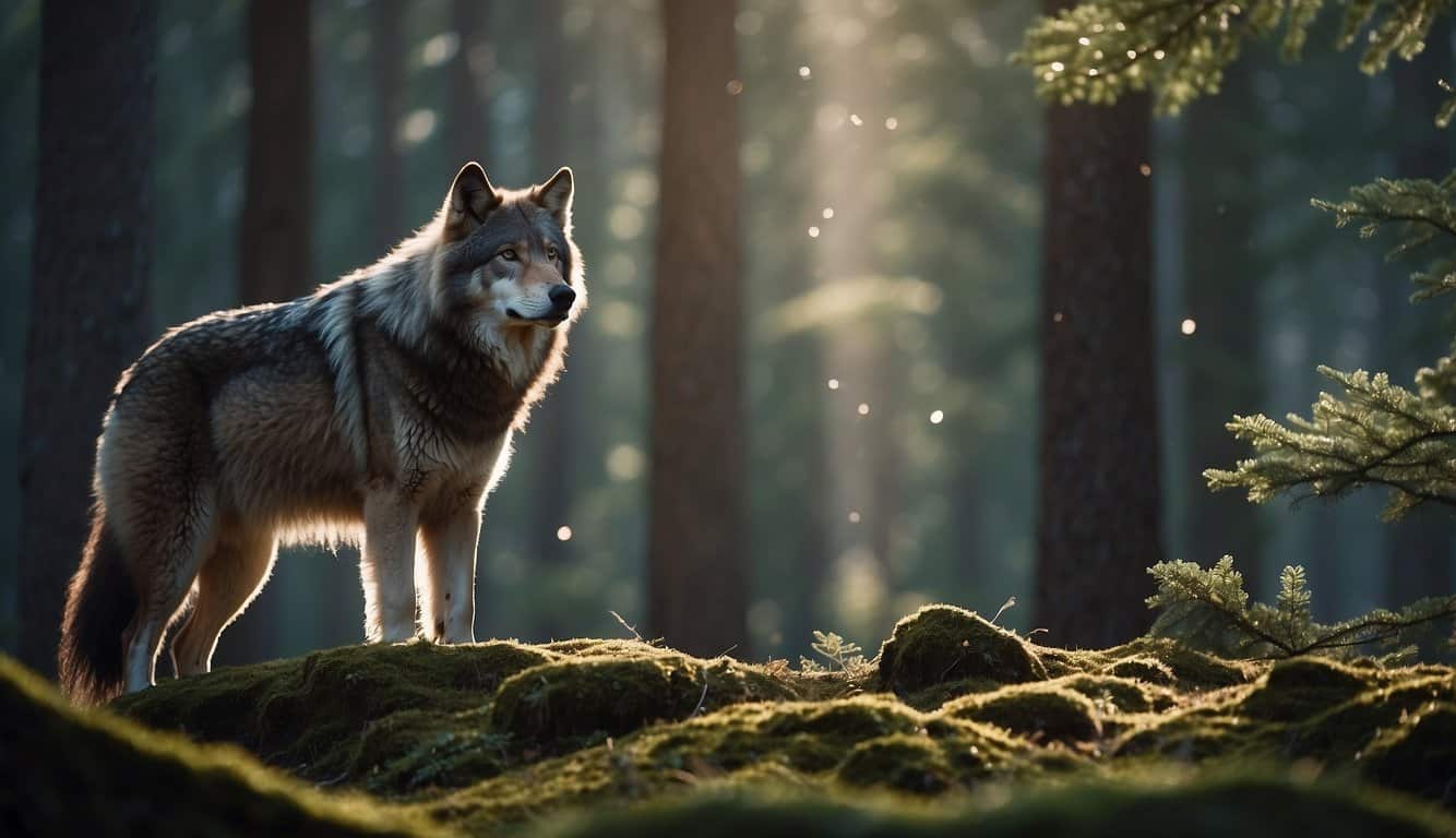 A serene forest clearing with a wolf, eagle, and bear standing together, surrounded by symbols of nature and spirituality