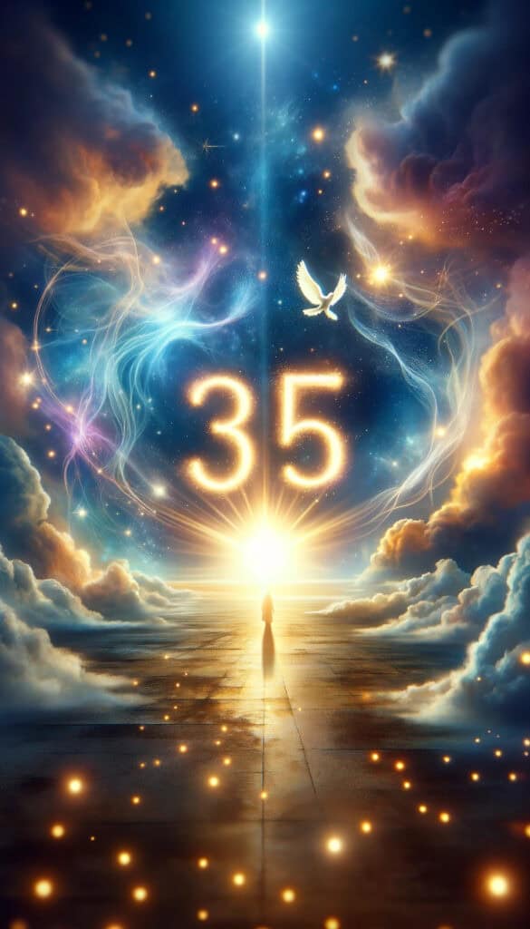 9:16 format image designed for the article about the Spiritual Meaning of Angel Number 35, symbolizing positive change and new opportunities. The number "35" is prominently featured, set against an ethereal and inspiring backdrop.