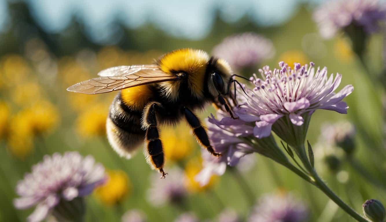 A bumblebee hovers over a vibrant field of wildflowers, collecting nectar with its fuzzy body, symbolizing abundance and hard work in nature's cycle